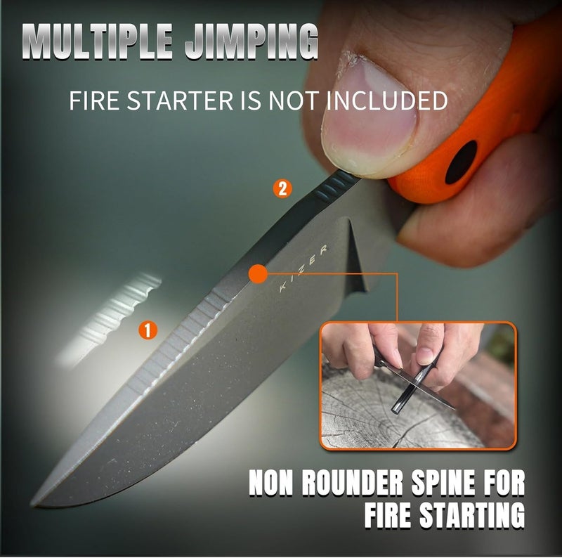 KIZER Hare Fixed Blade Knife with Sheath, 3.14" D2 Steel Blade EDC Hunting Knife with Orange G10 Handle, Small Bushcraft Survival Knives, Outdoor Camping Knives for Men Women, 1077A1 - Image 4